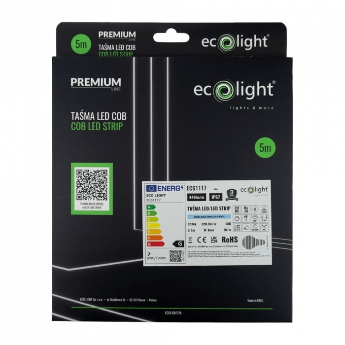Taśma LED COB 24V 320 35W 6000K 840lm IP67 5m Ecolight opakowanie