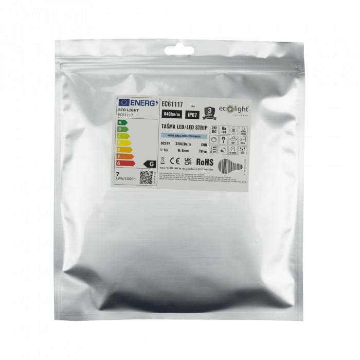 Taśma LED COB 24V 320 35W 6000K 840lm IP67 5m Ecolight zapakowana