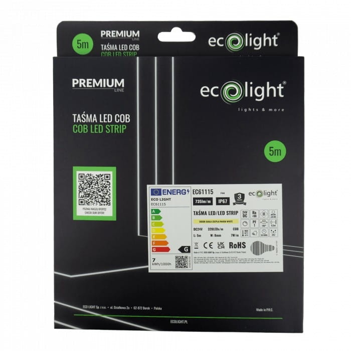 Taśma LED COB biała ciepła 24V 35W 735lm 320 IP67 5m PREMIUM opakowanie