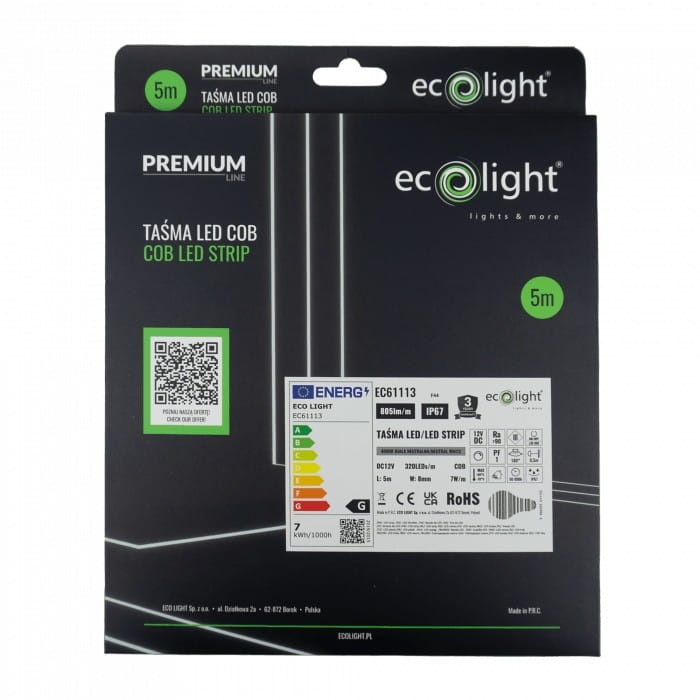 Taśma LED COB biała neutralna 12V 35W 805lm 320 IP67 5m PREMIUM opakowanie