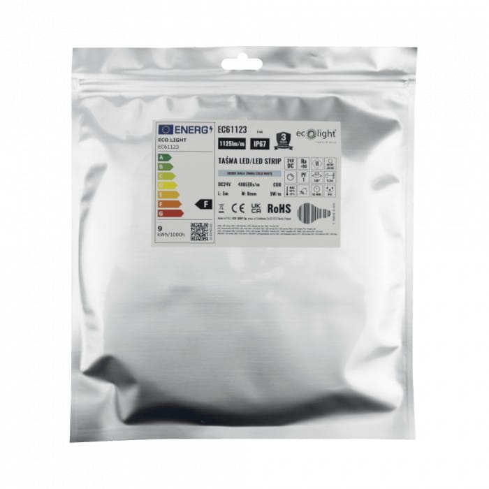 Taśma LED COB barwa zimna 12V 45W 1125lm 480 IP67 5m PREMIUM zapakowane