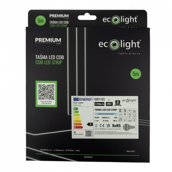 Taśma LED COB barwa zimna 12V 45W 1125lm 480 IP67 5m PREMIUM opakowanie