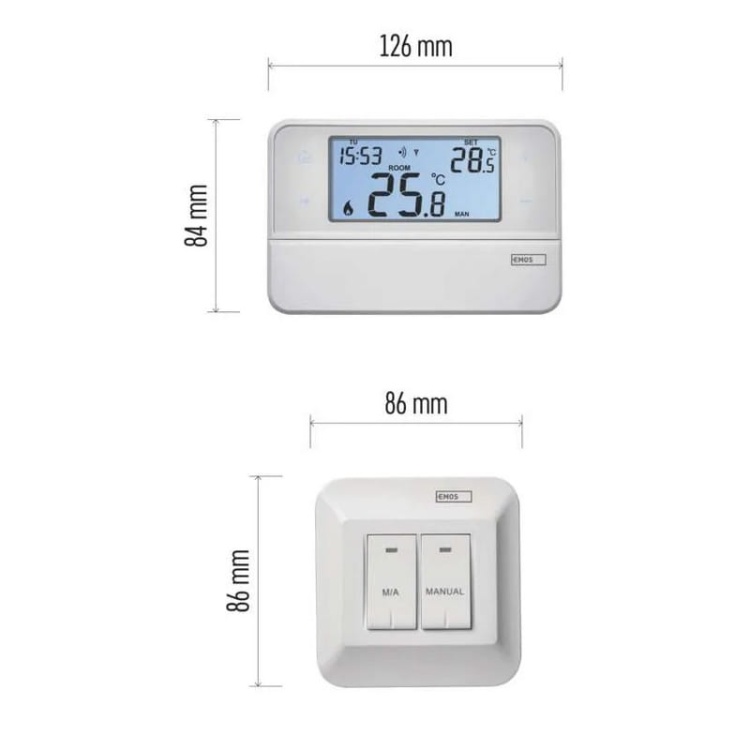 Programowalny termostat pokojowy bezprzewodowy z OpenTherm EMOS P5616OT wymiary