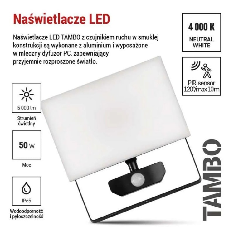 Naświetlacz LED TAMBO ZS2942 50W 4000K 5000lm IP54 IK06 z czujnikiem ruchu prezentacja – EMOS