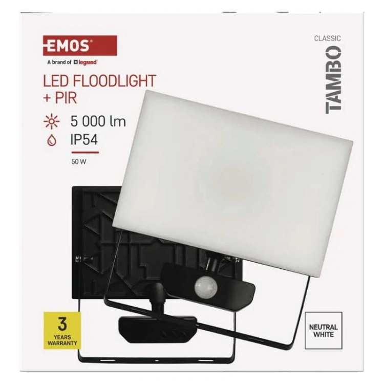 Naświetlacz LED TAMBO ZS2942 50W 4000K 5000lm IP54 IK06 z czujnikiem ruchu opakowanie przód – EMOS
