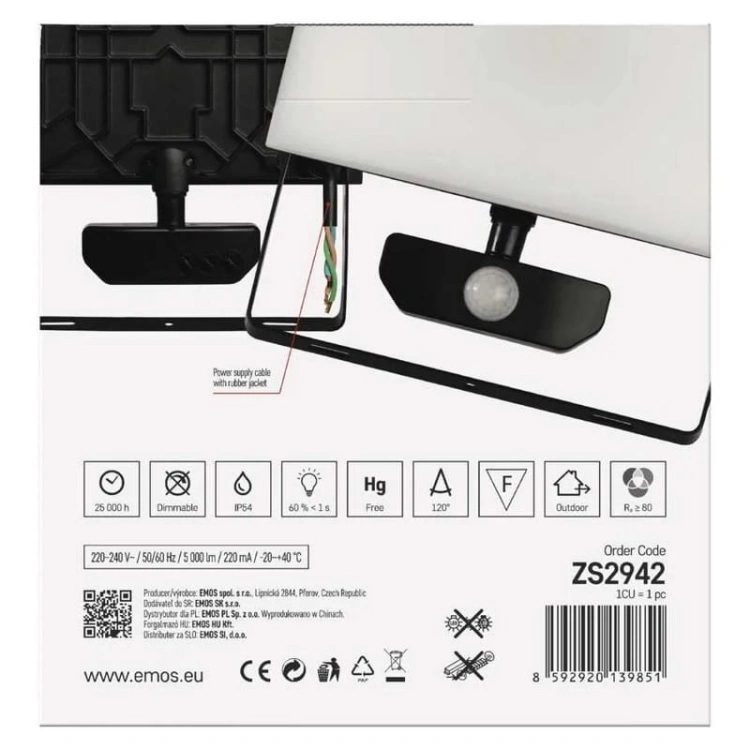 Naświetlacz LED TAMBO ZS2942 50W 4000K 5000lm IP54 IK06 z czujnikiem ruchu opakowanie tył – EMOS