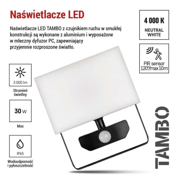 Naświetlacz LED z czujnikiem ruchu EMOS TAMBO ZS2932 30W 4000K 3000lm IP54 IK06 prezentacja