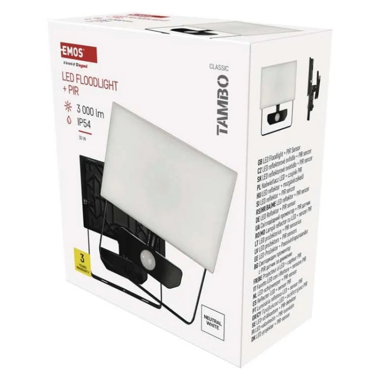 Naświetlacz LED TAMBO z czujnikiem ruchu 30W 3000lm 4000K IP54 czarny Emos opakowanie