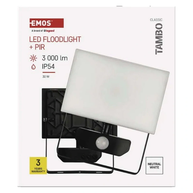 Naświetlacz LED TAMBO z czujnikiem ruchu 30W 3000lm 4000K IP54 czarny Emos opakowanie przód