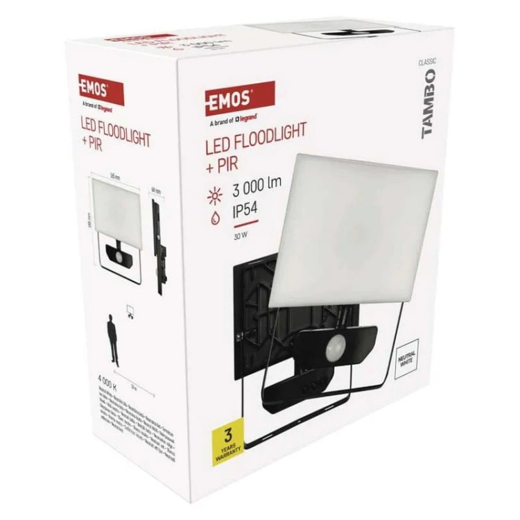 Naświetlacz LED z czujnikiem ruchu EMOS TAMBO ZS2932 30W 4000K 3000lm IP54 IK06 opakowanie