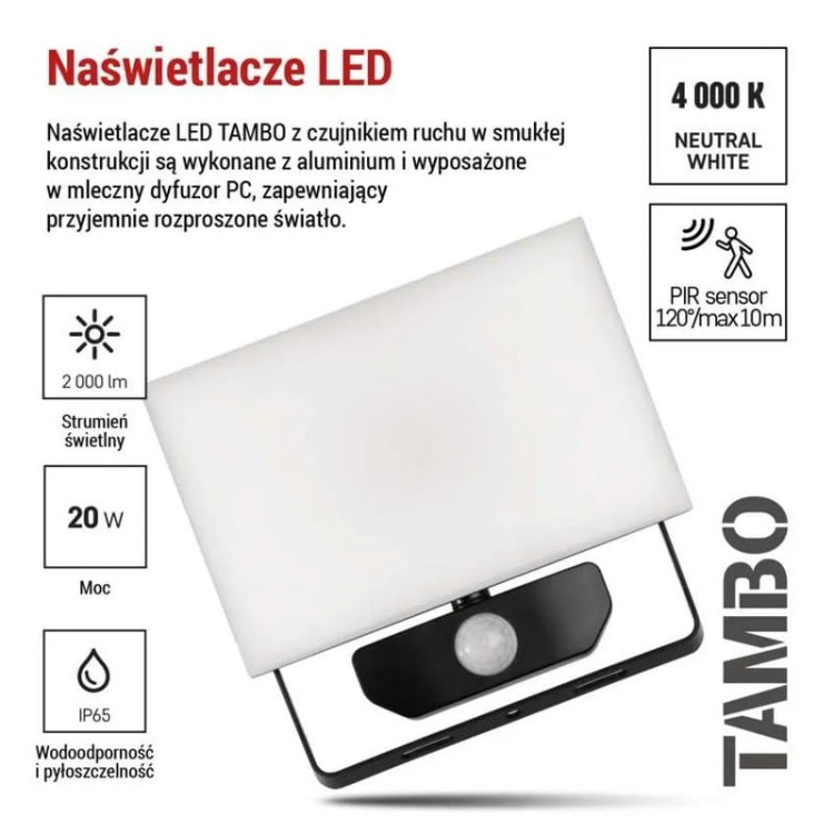 Naświetlacz LED TAMBO ZS2922 20W 4000K 2000lm IP54 IK06 z czujnikiem ruchu prezentacja – EMOS