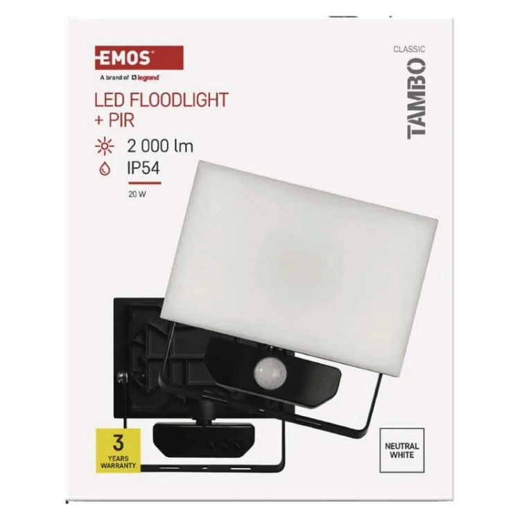 Naświetlacz LED TAMBO z czujnikiem ruchu 20W 2000lm 4000K IP54 czarny Emos opakowanie przód
