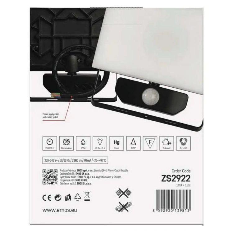 Naświetlacz LED TAMBO ZS2922 20W 4000K 2000lm IP54 IK06 z czujnikiem ruchu opakowanie tył – EMOS