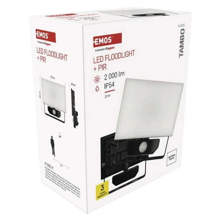 Naświetlacz LED TAMBO ZS2922 20W 4000K 2000lm IP54 IK06 z czujnikiem ruchu opakowanie – EMOS