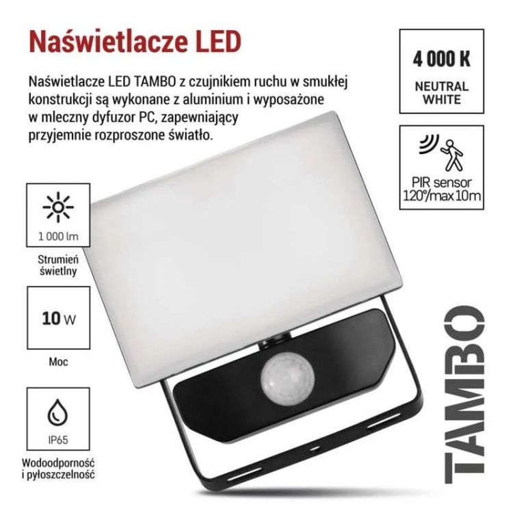 Naświetlacz LED z czujnikiem ruchu TAMBO ZS2912 10W 4000K 1000lm IP54 prezentacja – EMOS