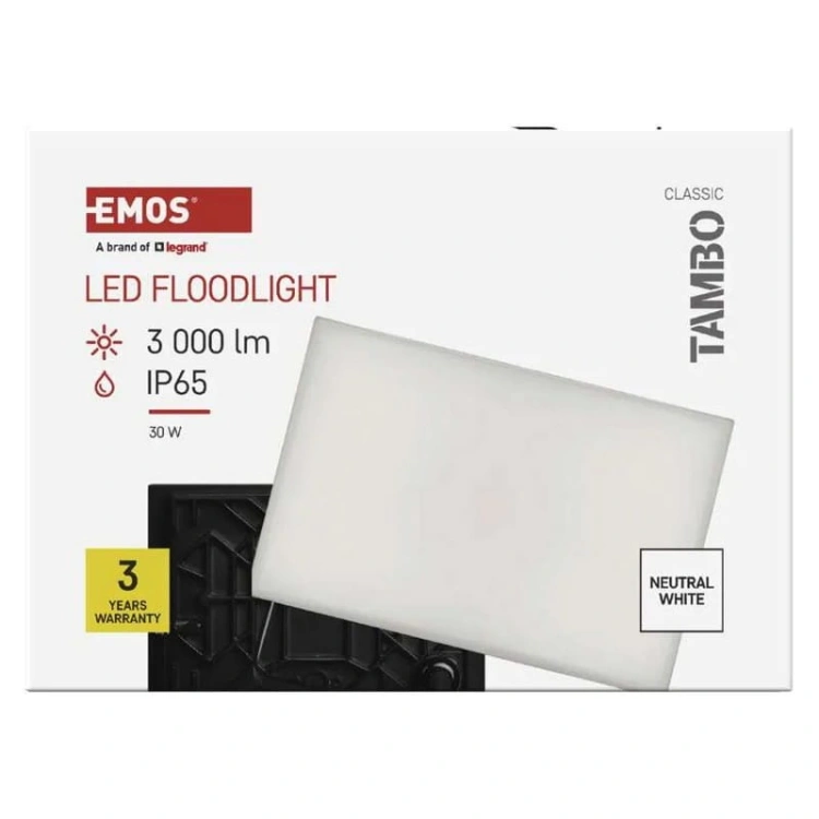 Naświetlacz LED TAMBO 30W 3000lm 4000K IP65 IK08 czarny Emos opakowanie przód