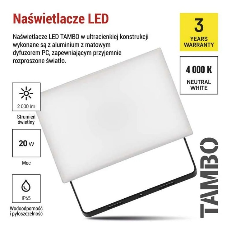 Naświetlacz LED EMOS TAMBO ZS2522 20W 4000K 2000lm IP65 IK08 czarny z czujnikiem PIR prezentacja – montaż natynkowy