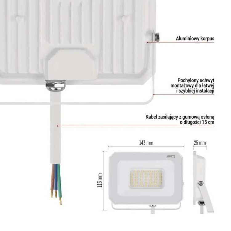 Naświetlacz LED SIMPO 30W 3000lm 4000K IP65 biały Emos wymiary