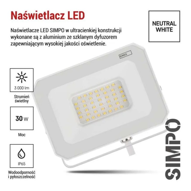 Naświetlacz LED SIMPO 30W 3000lm 4000K IP65 biały Emos info