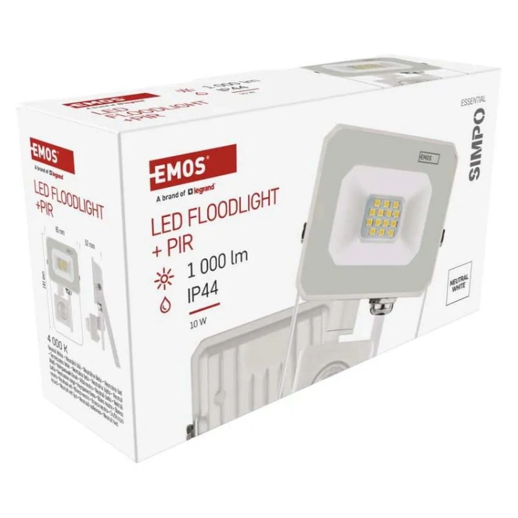 Naświetlacz LED EMOS SIMPO 10W 4000K 1000lm IP44 biały z czujnikiem PIR opakowanie – EMOS