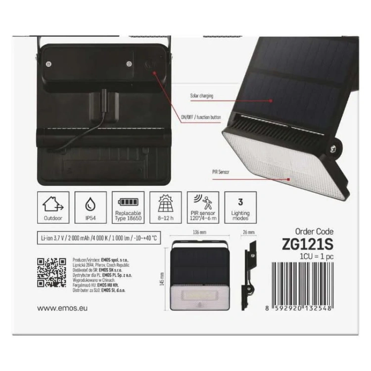 Naświetlacz LED Garden SOLO solarny z PIR 4000K 1000lm IP54 Emos