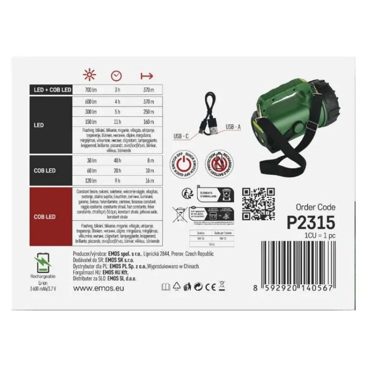 Latarka ładowalna LED 3.7V 3600mAh 700lm IP43 P2315 Emos