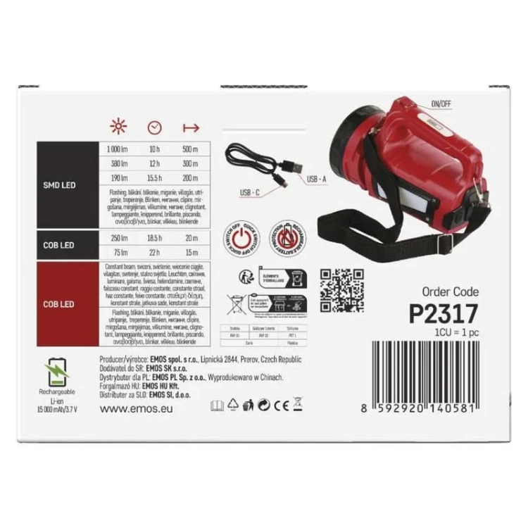 Latarka ładowalna LED 3.7V 15000mAh 1000lm IP44 P2317 Emos