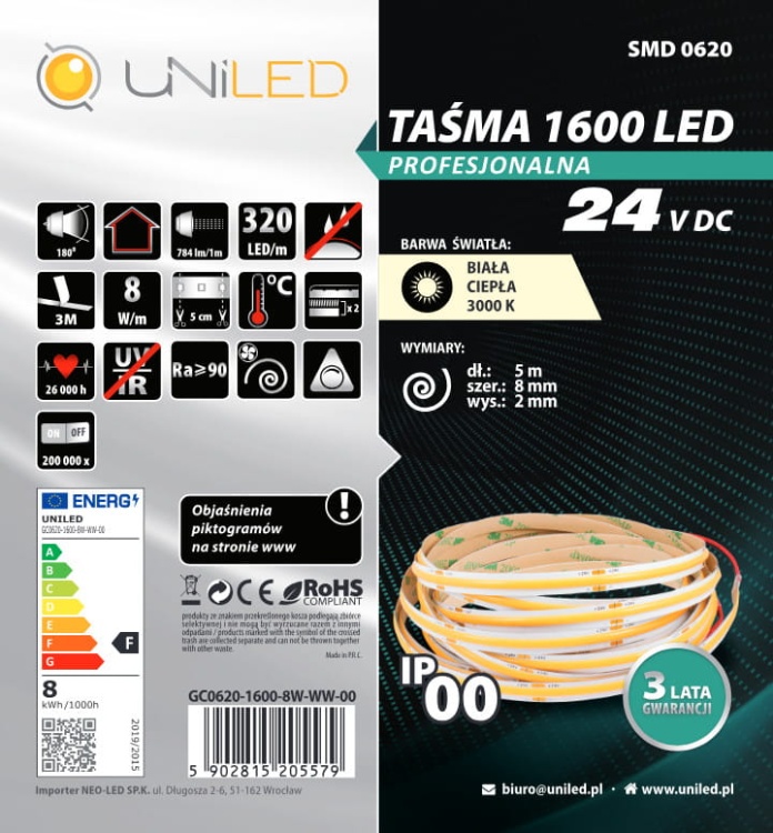 Taśma LED COB 24V 8W/1m UNILED