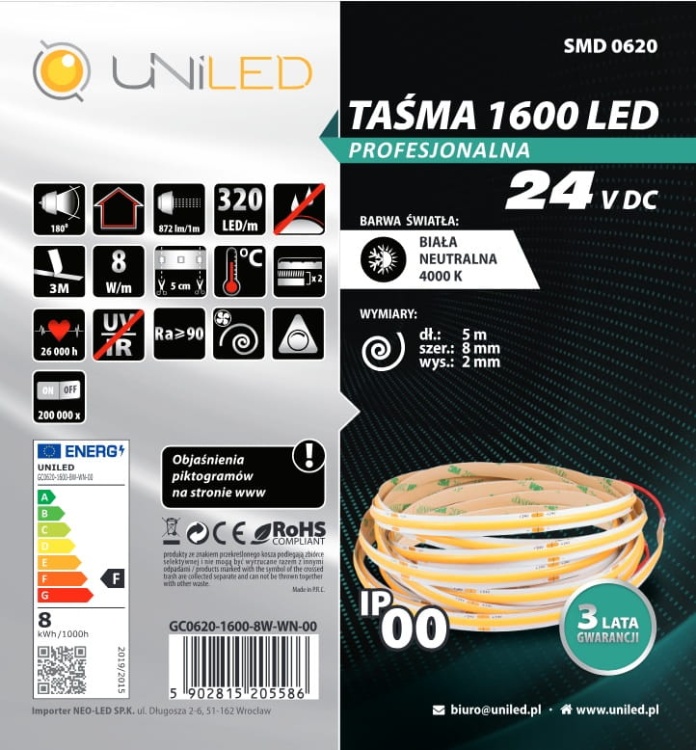 Taśma LED COB 24V 8W/m UNILED