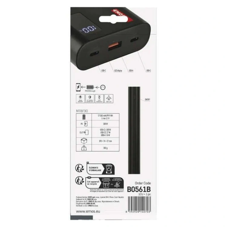 Powerbank do laptopa NTBF30 100W PD 27000mAh czarny Emos B0561B opakowanie