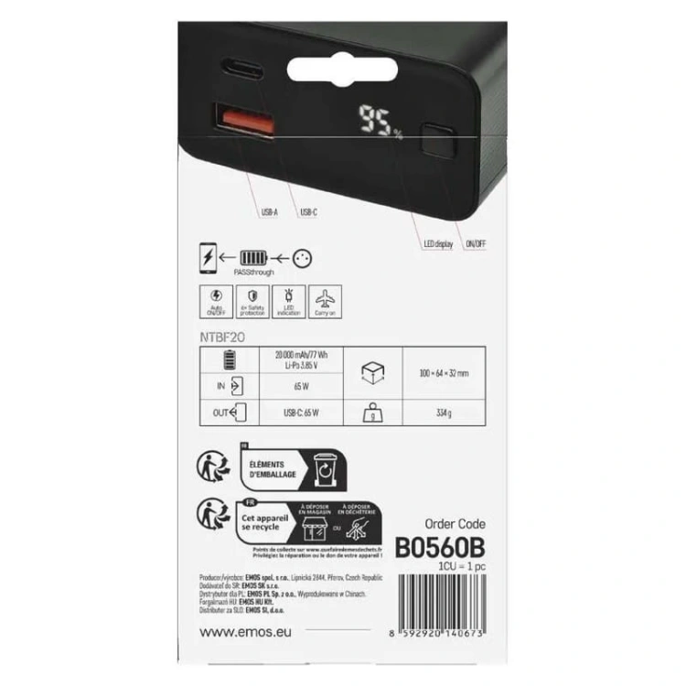 Powerbank do laptopa NTBF20 65W PD 20000mAh czarny Emos B0560B opakowanie