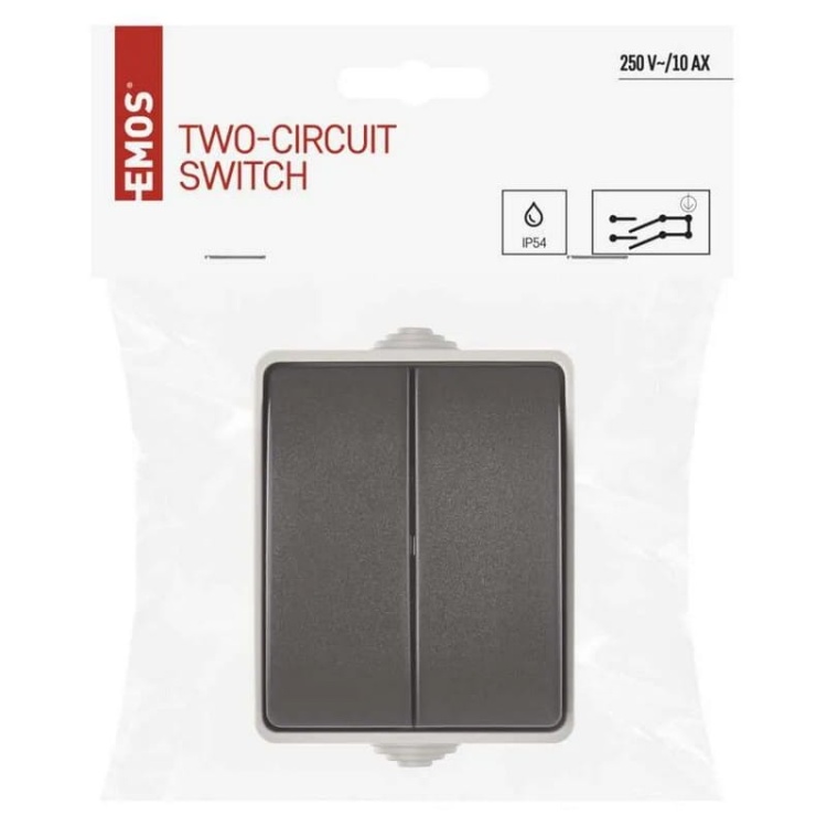 Wyłącznik świecznikowy natynkowy szaro-czarny IP54 Emos A1398.1 opakowanie
