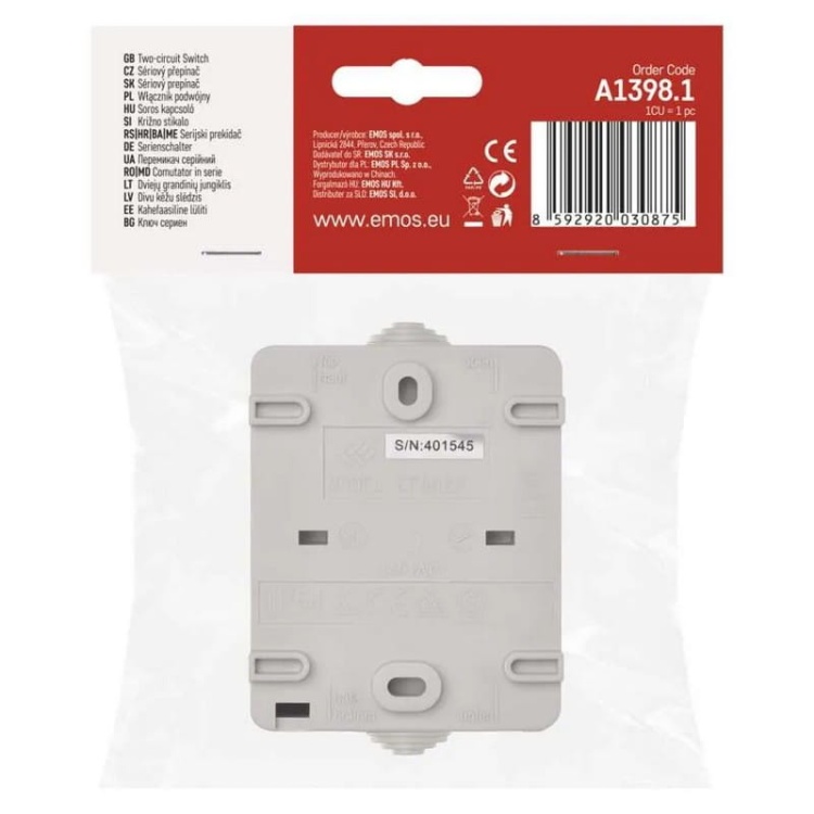 Wyłącznik świecznikowy natynkowy szaro-czarny IP54 Emos A1398.1 opakowanie