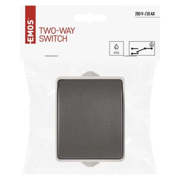 Wyłącznik schodowy 1P natynkowy szaro-czarny IP54 Emos A1398 opakowanie