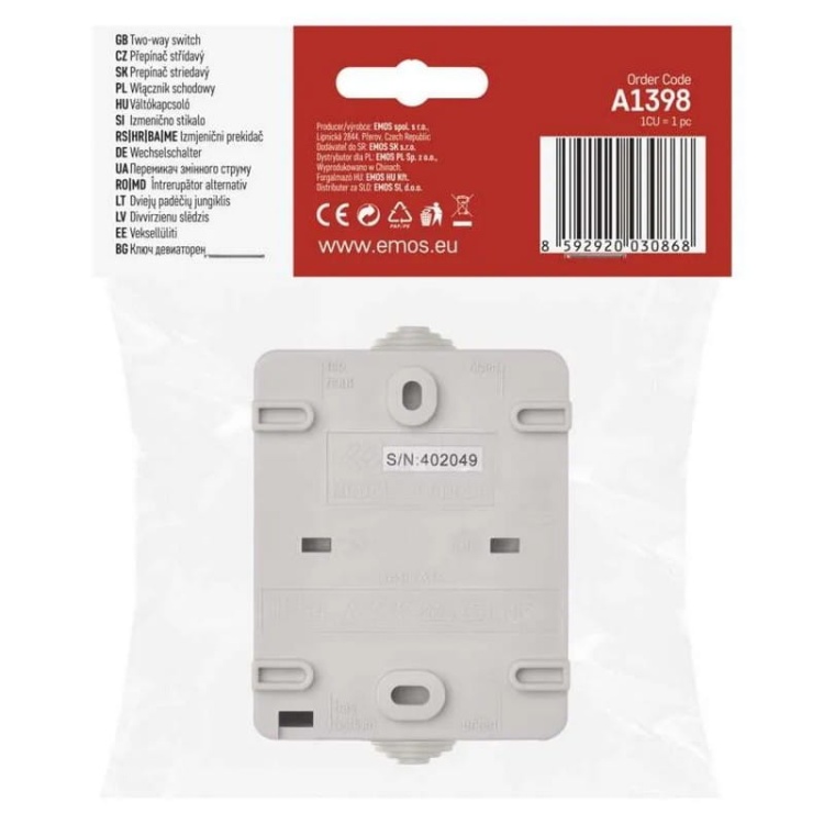 Wyłącznik schodowy 1P natynkowy szaro-czarny IP54 Emos A1398 opakowanie