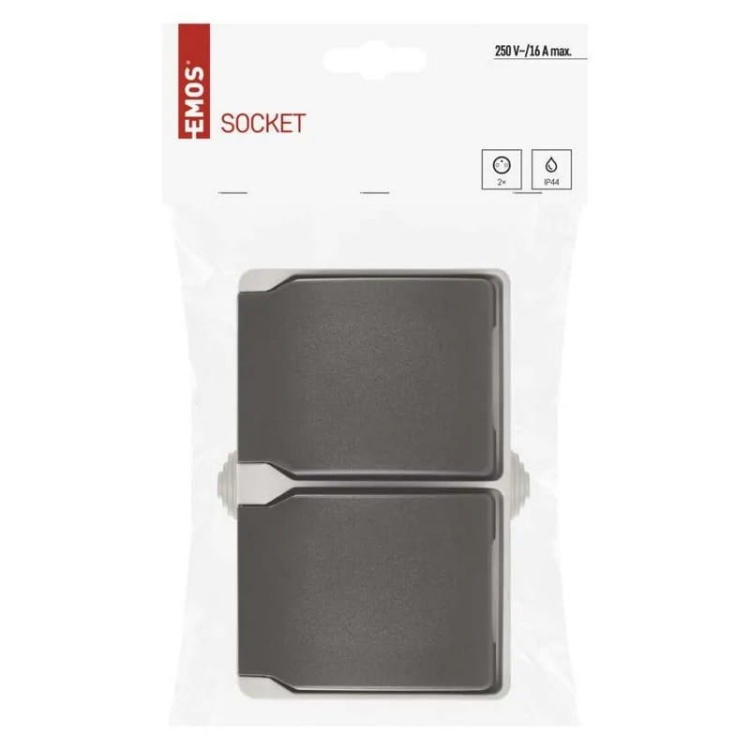 Gniazdo podwójne natynkowe szaro-czarne IP44 Emos A1397.1 opakowanie