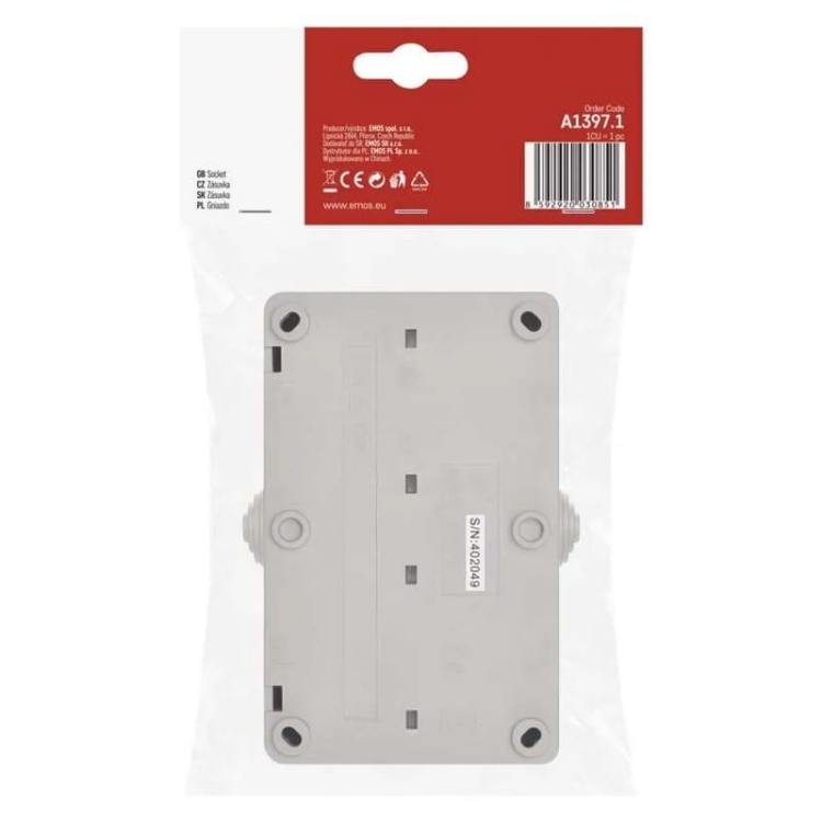 Gniazdo podwójne natynkowe szaro-czarne IP44 Emos A1397.1 opakowanie