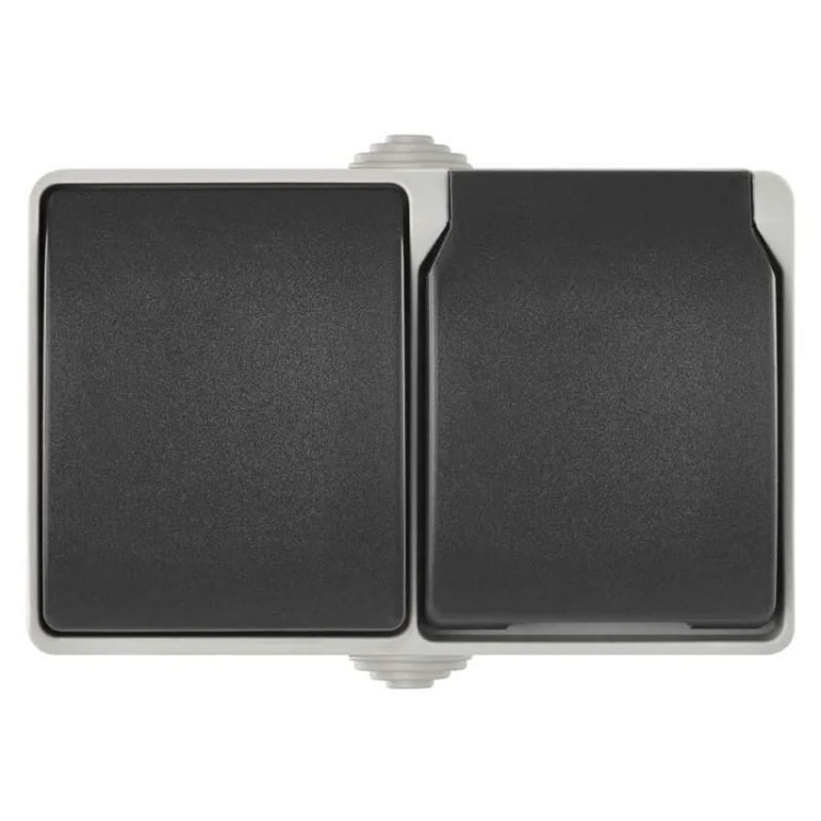 Gniazdo natynkowe i wyłącznik schodowy szaro-czarne IP44 Emos A1397.4 front