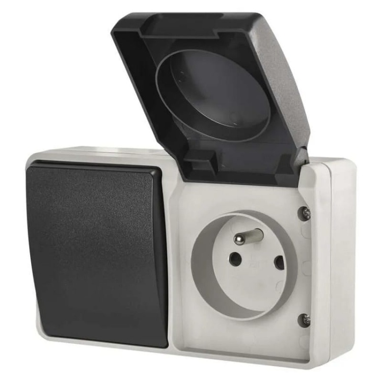 Gniazdo natynkowe i wyłącznik schodowy szaro-czarne IP44 Emos A1397.4