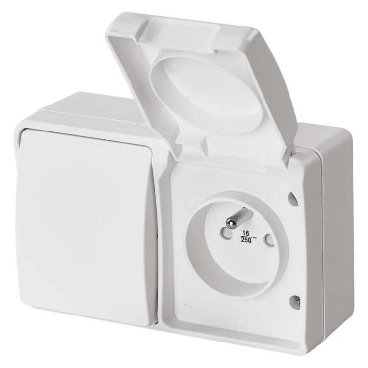 Gniazdo natynkowe i wyłącznik schodowy białe IP44 Emos A1397.5