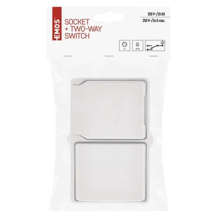 Gniazdo natynkowe i wyłącznik schodowy białe IP44 Emos A1397.5 opakowanie