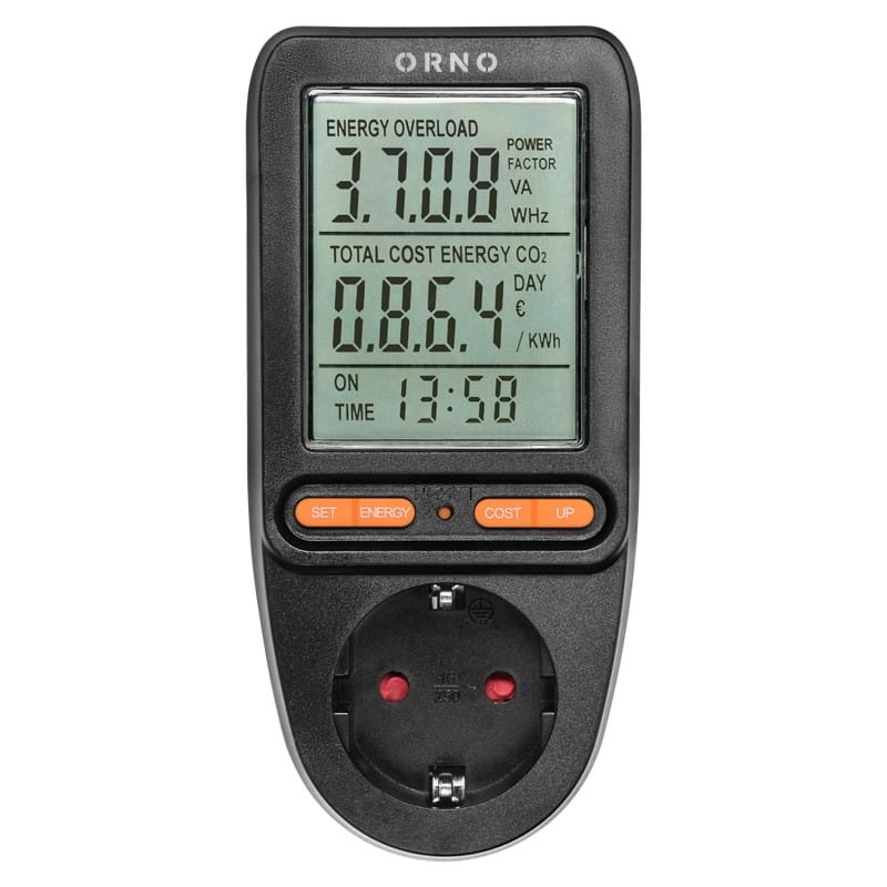 Watomierz do gniazda schuko z wyświetlaczem LCD czarny Orno front