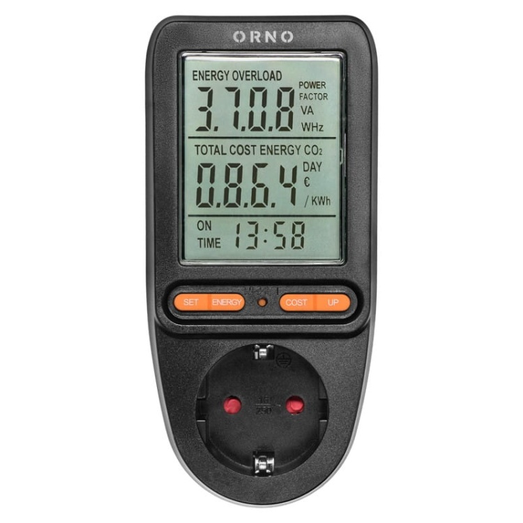 Watomierz do gniazda schuko z wyświetlaczem LCD czarny Orno front