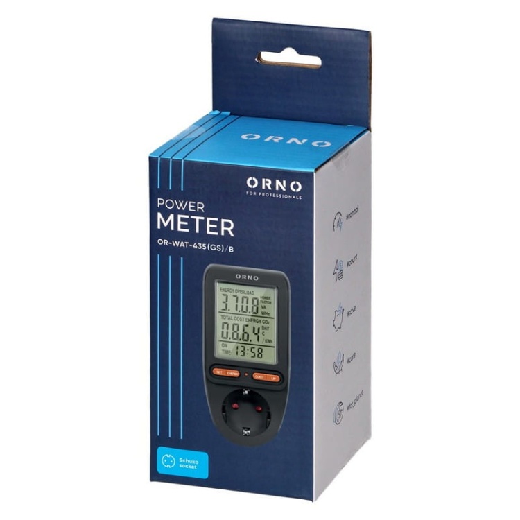 Watomierz do gniazda schuko z wyświetlaczem LCD czarny Orno opakowanie