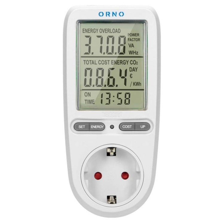 Watomierz do gniazda schuko z wyświetlaczem LCD biały Orno front