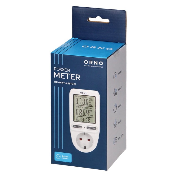 Watomierz do gniazda schuko z wyświetlaczem LCD biały Orno opakowanie