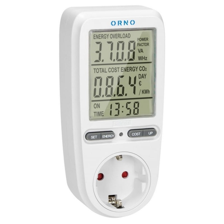 Watomierz do gniazda schuko z wyświetlaczem LCD biały Orno