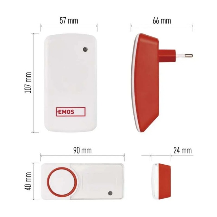 Dzwonek bezprzewodowy P5750, bezbateryjny przycisk czerwony Emos wymiary