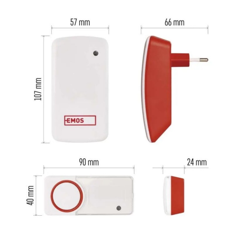 Dzwonki bezprzewodowe, bezbateryjny przycisk czerwony Emos P5750.2R wymiary
