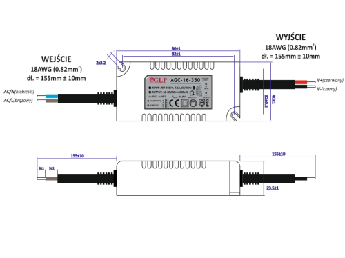 Rysunek wymiarowy zasilacza AGC-16-350